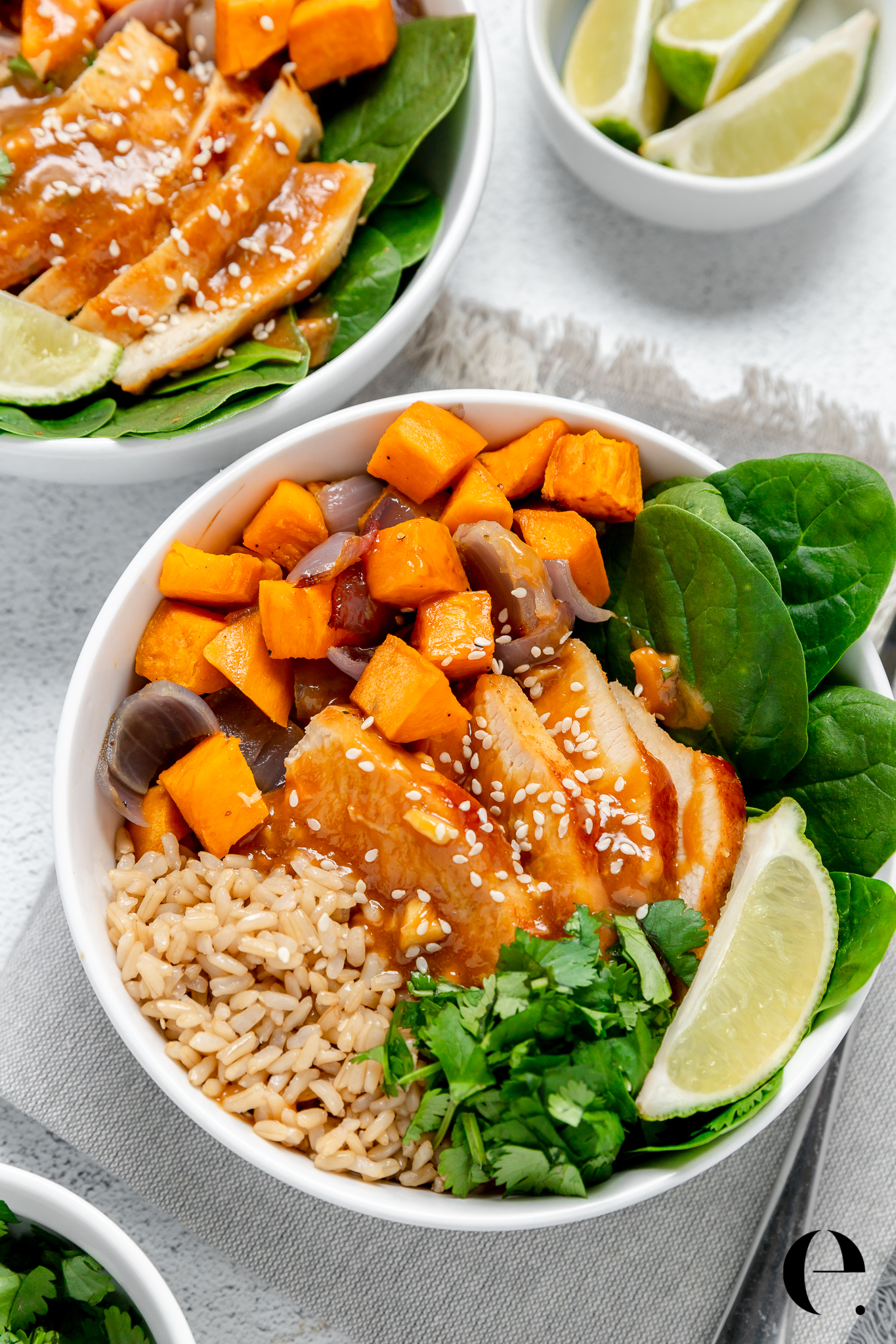 Peanut Chicken Rice Bowls with Roasted Sweet Potatoes